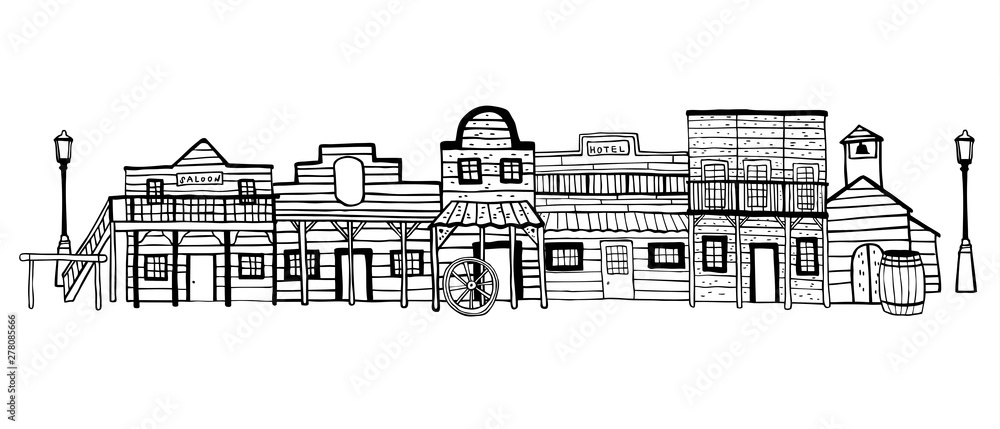 America Wild West town landscape. Hand drawn outline sketch doodle vector illustration 