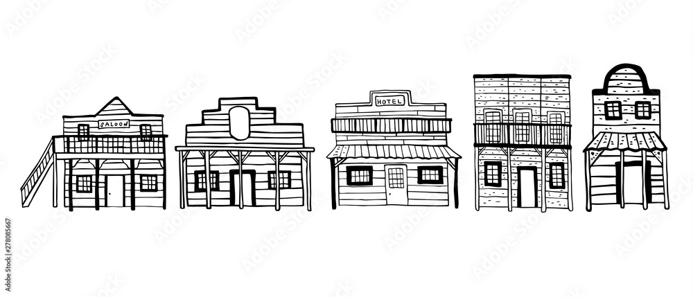 America Wild West town houses. Outline hand drawn sketch doodle vector illustration 