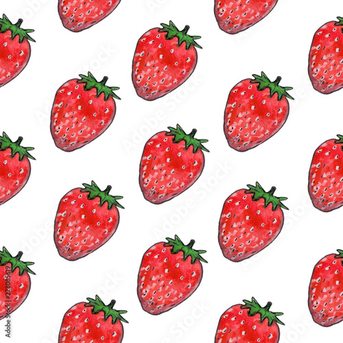 Seamless berry pattern in nice bright colors. Hand drawn watercolor background on white. Endless strawberry on a plain background. Good for textile, wrapping, wallpapers, paper and card design. 
