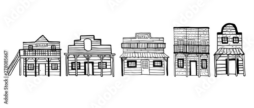 America Wild West town houses. Outline hand drawn sketch doodle vector illustration 