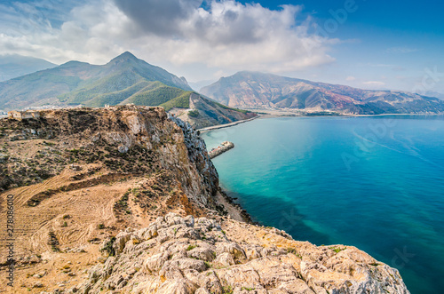 Panoramic view on coastal city El Jebha in North Morocco by Mediterranean Sea