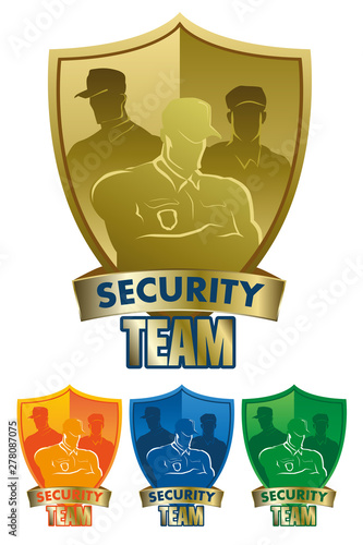 Set of security team on shield background. Vector elements for emblem of security agency  certificate  diplom  pennant  poster design
