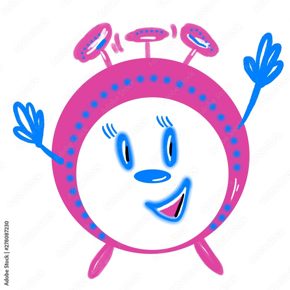 Fototapeta premium Alarm clock with smiling face and waving hands. Trendy fuchsia color. Bright flat image for design, print, sticker, cover, surface, presentation, clothes. Good mood cartoon character, positive result