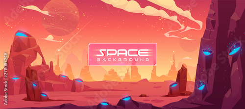 Space background, alien fantasy landscape with rocks and craters with blue liquid inside, orange planet empty surface, cloudy sky and falling comet, computer game backdrop, cartoon vector illustration