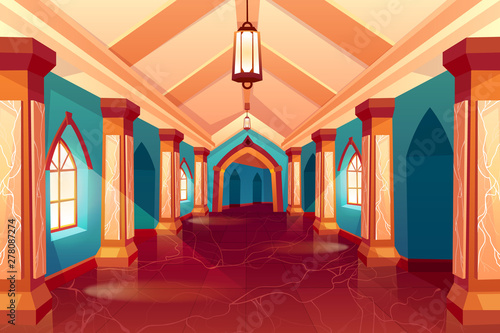 Castle corridor, labyrinth, medieval palace, maze or historical hotel, column hall, empty interior, hallway with pillars and marble floor, antique architecture background. Cartoon vector Illustration