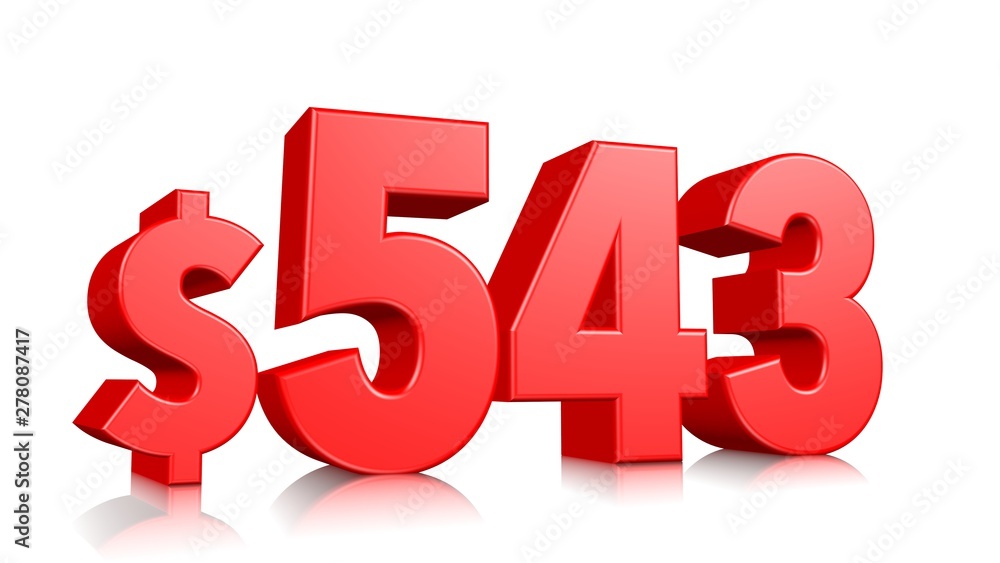 543$ Five hundred forty three price symbol. red text number 3d render with dollar sign on white background 543$ Five hundred forty three price symbol. red text number 3d render with dollar sign on white background