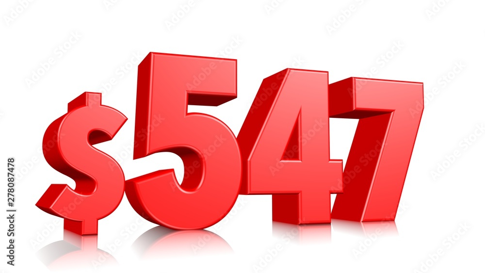 547$ Five hundred forty seven price symbol. red text number 3d render with dollar sign on white background 547$ Five hundred forty seven price symbol. red text number 3d render with dollar sign on white background