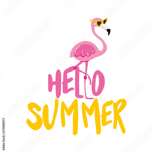 hello summer - Motivational quotes. Hand painted brush lettering with flamingo. Good for t-shirt, posters, textiles, gifts, travel sets.