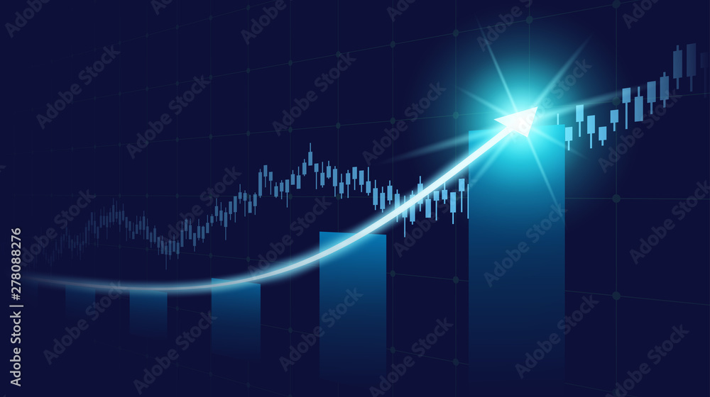 Widescreen Abstract financial graph with uptrend line and glowing arrow in stock market on blue color background