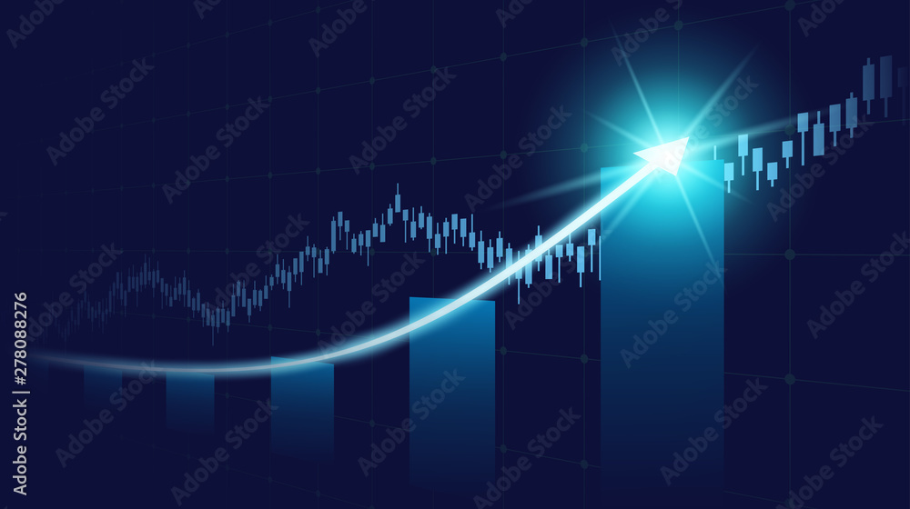 Fototapeta premium Widescreen Abstract financial graph with uptrend line and glowing arrow in stock market on blue color background