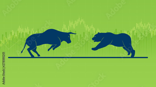 Abstract financial chart with bulls and bear in stock market on green color background