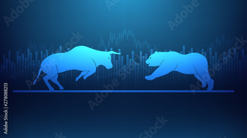 Abstract financial chart with bulls and bear in stock market on blue color background