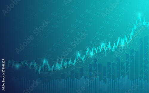 Widescreen Abstract financial graph with uptrend line and bar chart of stock market on blue color background