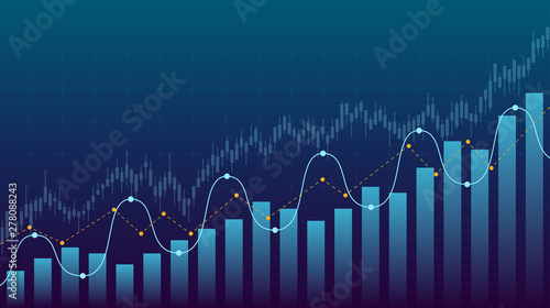 Abstract financial graph with uptrend line and bar chart of stock market on blue color background