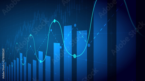 Abstract financial graph with uptrend line and bar chart of stock market on blue color background