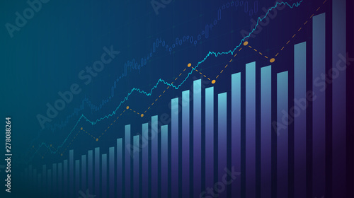 Abstract financial graph with uptrend line and bar chart of stock market on blue color background
