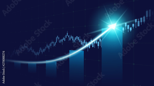 Widescreen Abstract financial graph with uptrend line and glowing arrow in stock market on blue color background