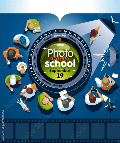 People stand in line for photography courses around a photographic lens that shows the class date and title