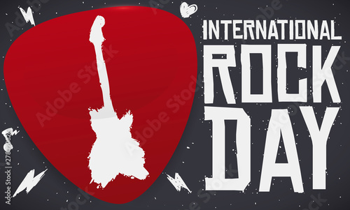 Plectrum with Guitar Silhouette for International Rock Day Celebration, Vector Illustration