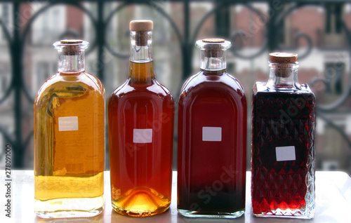 фотографія Cuatro botellas de licores caseros (limoncello, licor de manzana, pacharán y lic