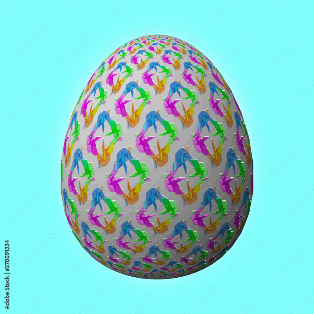 Happy Easter - Frohe Ostern, Artfully designed and colorful easter egg, 3D illustration on turquoise background 