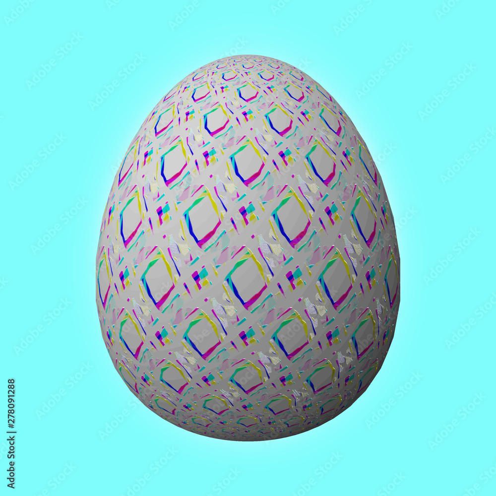 Happy Easter - Frohe Ostern, Artfully designed and colorful easter egg, 3D illustration on turquoise background Happy Easter - Frohe Ostern, Artfully designed and colorful easter egg, 3D illustration on turquoise background
