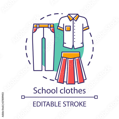 School clothes, uniform concept icon. Student official fashion idea thin line illustration. Men and women formal apparel. T shirt, pants and long skirt vector isolated outline drawing. Editable stroke