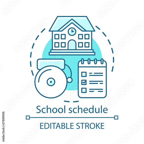 School schedule, studying plan concept icon. Educational process organization idea thin line illustration. Schoolhouse, bell and notepad with notes vector isolated outline drawing. Editable stroke