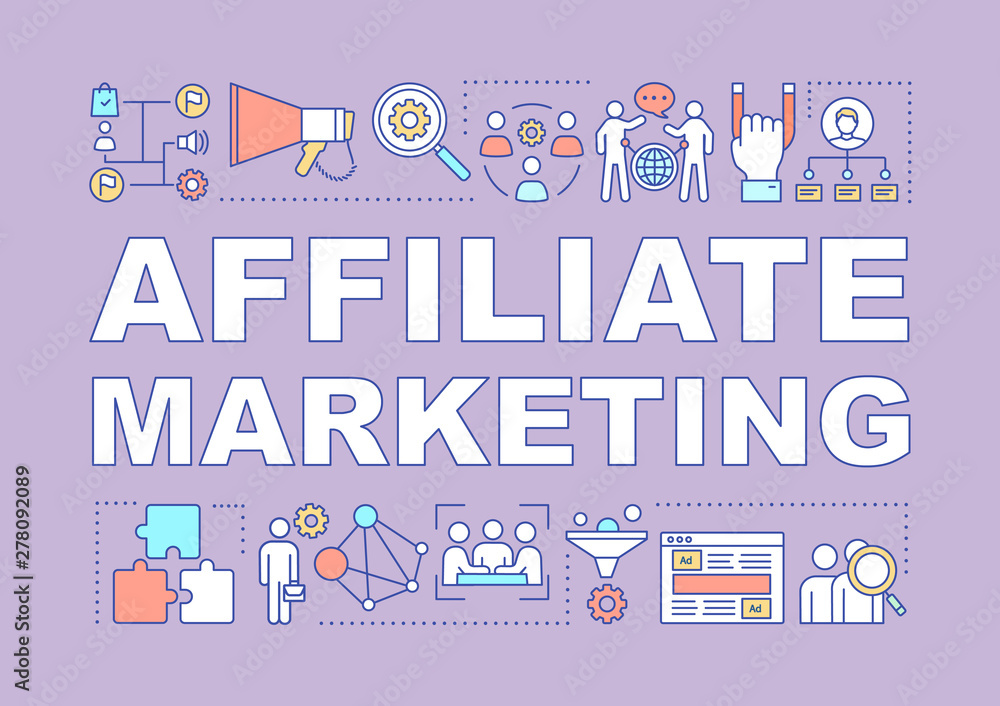 Affiliate marketing word concepts banner. Digital marketing tactic. Online sales strategy. Presentation, website. Isolated lettering typography idea with linear icons. Vector outline illustration