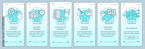 Attribution modeling types turquoise onboarding mobile app page screen vector template. Diagrams, charts walkthrough website steps with linear illustrations. UX, UI, GUI smartphone interface concept