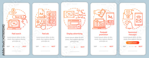PPC channels orange onboarding mobile app page screen vector template. Media marketing, ad networks walkthrough website steps with linear illustrations. UX, UI, GUI smartphone interface concept