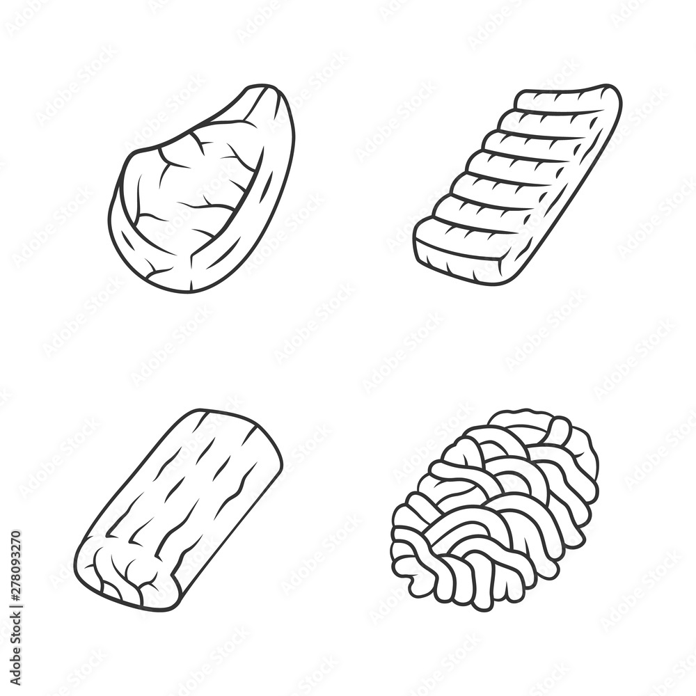 Butchers meat linear icons set. Ground meat, pork steak, pork roast, beef ribs.Butchery business