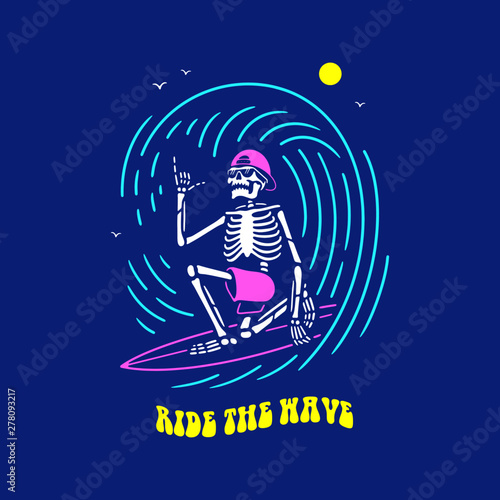 SKELETON SURFER RIDE THE WAVE COLOR BLACK BACKGROUND