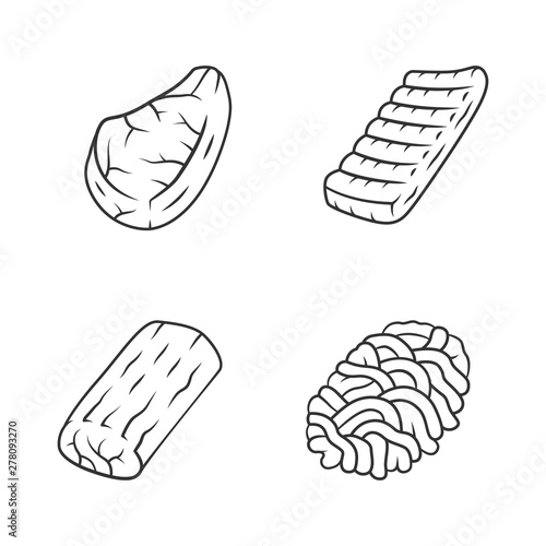 Butchers meat linear icons set. Ground meat, pork steak, pork roast, beef ribs.Butchery business. Protein sources. Thin line contour symbols. Isolated vector outline illustrations. Editable stroke