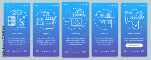 Mathematics courses, learning maths onboarding mobile app page screen vector template. Walkthrough website five steps with linear illustrations. UX, UI, GUI smartphone interface concept