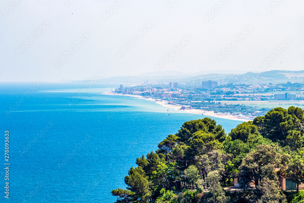 Elevated summer view of the Adriatic Coast as a background from Sirolo, Province of Ancona, Marche, Italy