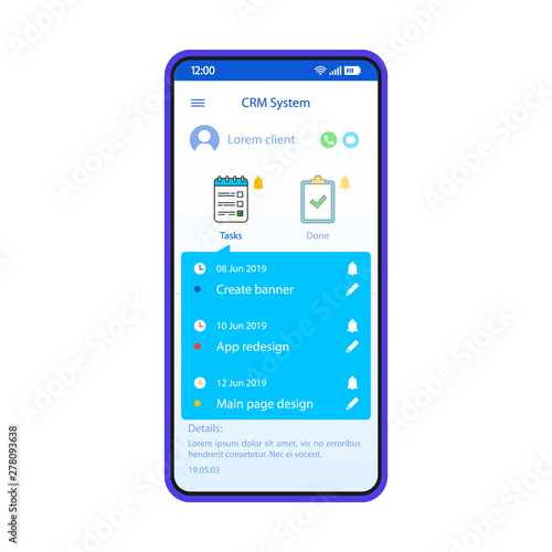 CRM system smartphone interface vector template. Mobile customer manager app page blue design layout. Client management software screen. Flat UI for application. Business organizer. Phone display
