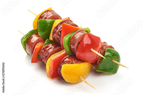 Pork sausage kebab and vegetables BBQ, close-up, isolated on white background