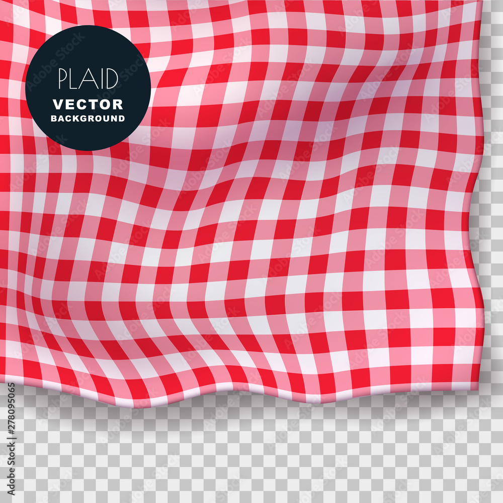 Tablecloth or plaid realistic vector illustration. Red gingham textile blanket on isolated transparent background. - obrazy, fototapety, plakaty 