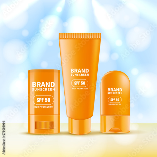 Sunscreen and sunblock cream and stick. Vector realistic 3d illustration of sun protection cosmetics.