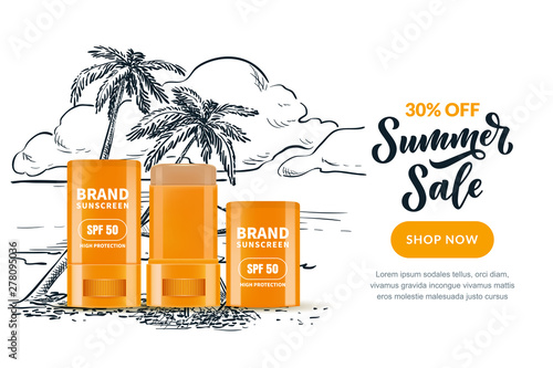 Sale banner, poster design template. Vector realistic 3d illustration of sunscreen stick in open and closed packaging.