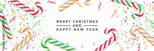 Merry Christmas, Happy New Year banner, poster background. Vector 3d realistic illustration of multicolor striped candy