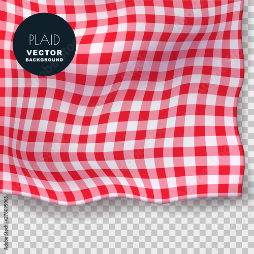 Tablecloth or plaid realistic vector illustration. Red gingham textile blanket on isolated transparent background.