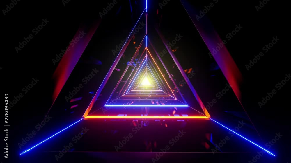 Túnel espacial triangular con neones brillantes aleatorios en un bucle infinito