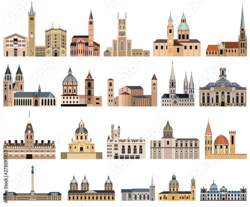 vector collection of city halls, landmarks, cathedrals, temples, churches, palaces and other city's skyline architectural elements