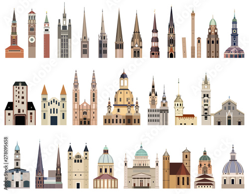 vector collection of city halls, landmarks, cathedrals, temples, churches, palaces and other city's skyline architectural elements photo