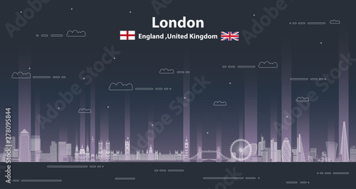London at night cityscape line art style vector detailed illustration. Travel background 