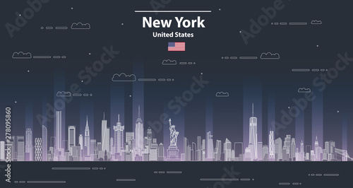 New York at night cityscape line art style vector detailed illustration