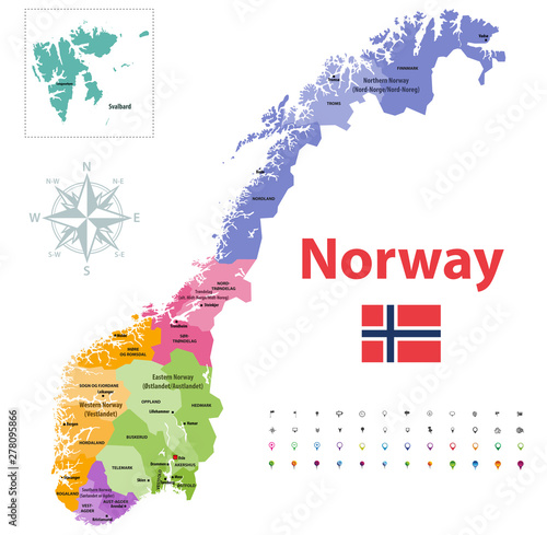 Norway counties vector map, colored by regions