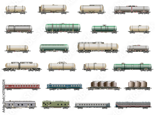 railway trains, railcars, wagons and vans detailed icons  vector set
